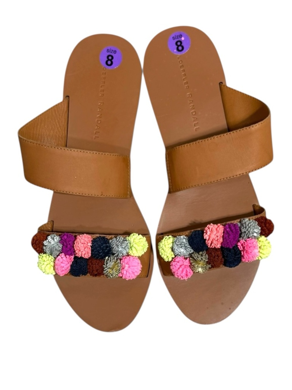 Anthro Loeffler Randall Clem Tan Leather Rainbow Pom-Pom Slide Sandals Women’s 8 - Picture 5 of 10